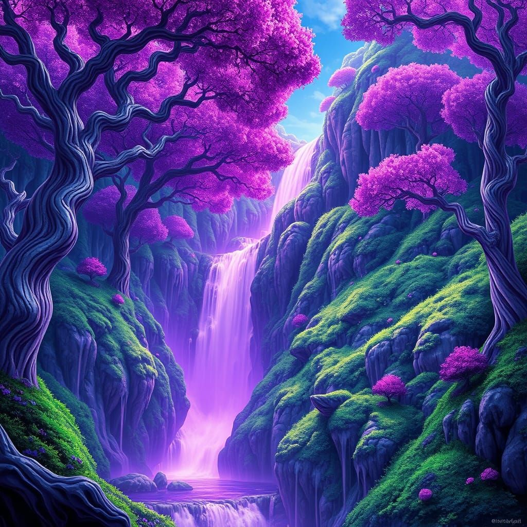 Mystical Purple Waterfall Amidst Vibrant Trees