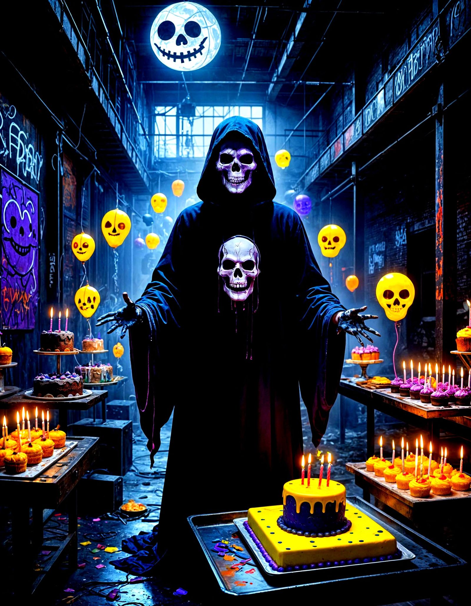 Spooky Neon Warehouse Party with Ghost Figures