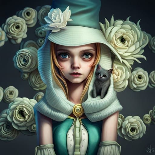 Cute Skeleton Creature with Kitten, Digital Art