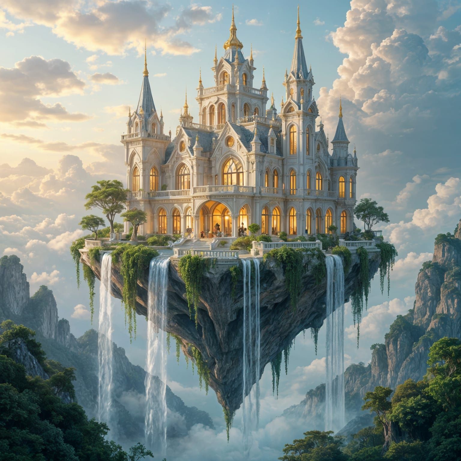 Ornate Mansion Castle on Floating Island with Waterfalls