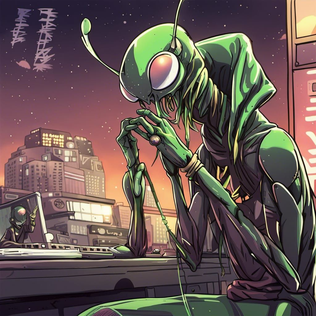 Rockstar Rapper Alien Praying Mantis in Anime Style