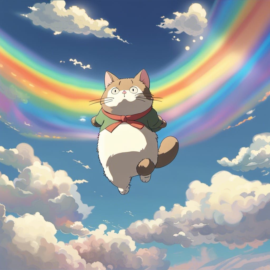 Fat Cat Flying with Rainbows: Studio Ghibli Style