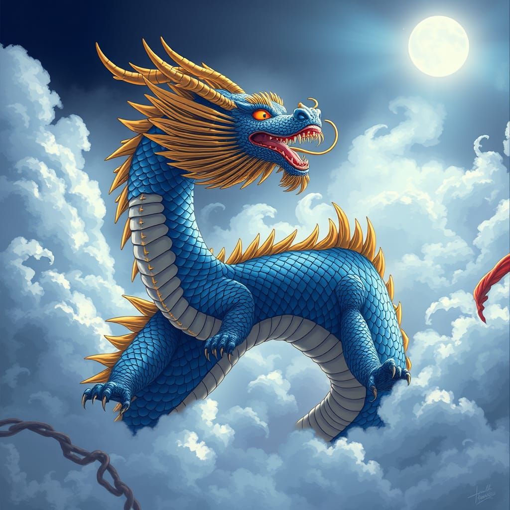Vibrant Blue Chinese Dragon Soars Through the Misty Skies in...
