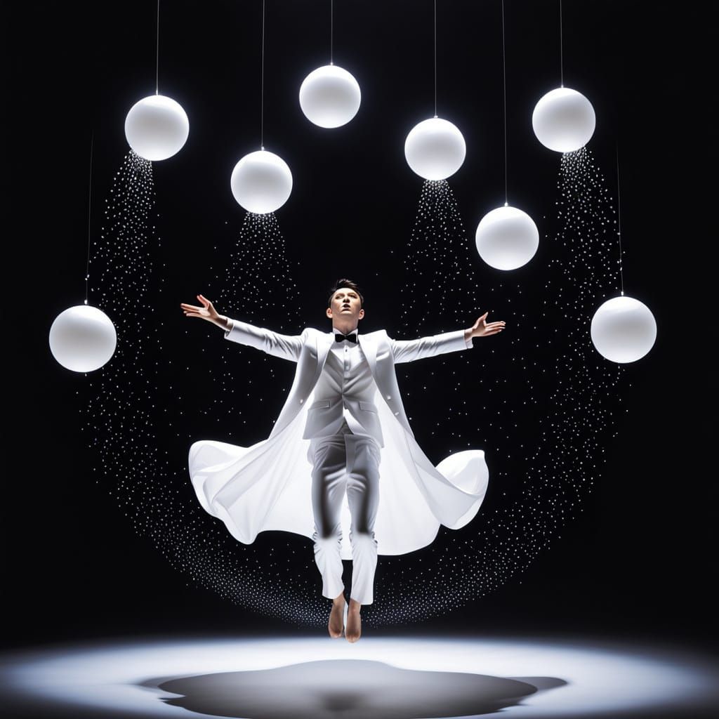 Man Elevated by Celestial Bodies in a Twinkling, Dreamlike S...