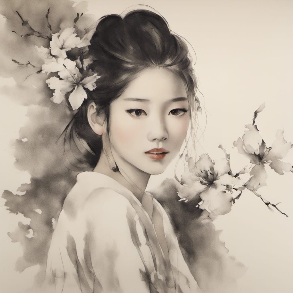 Elegant Korean Ink Wash Painting of a Woman