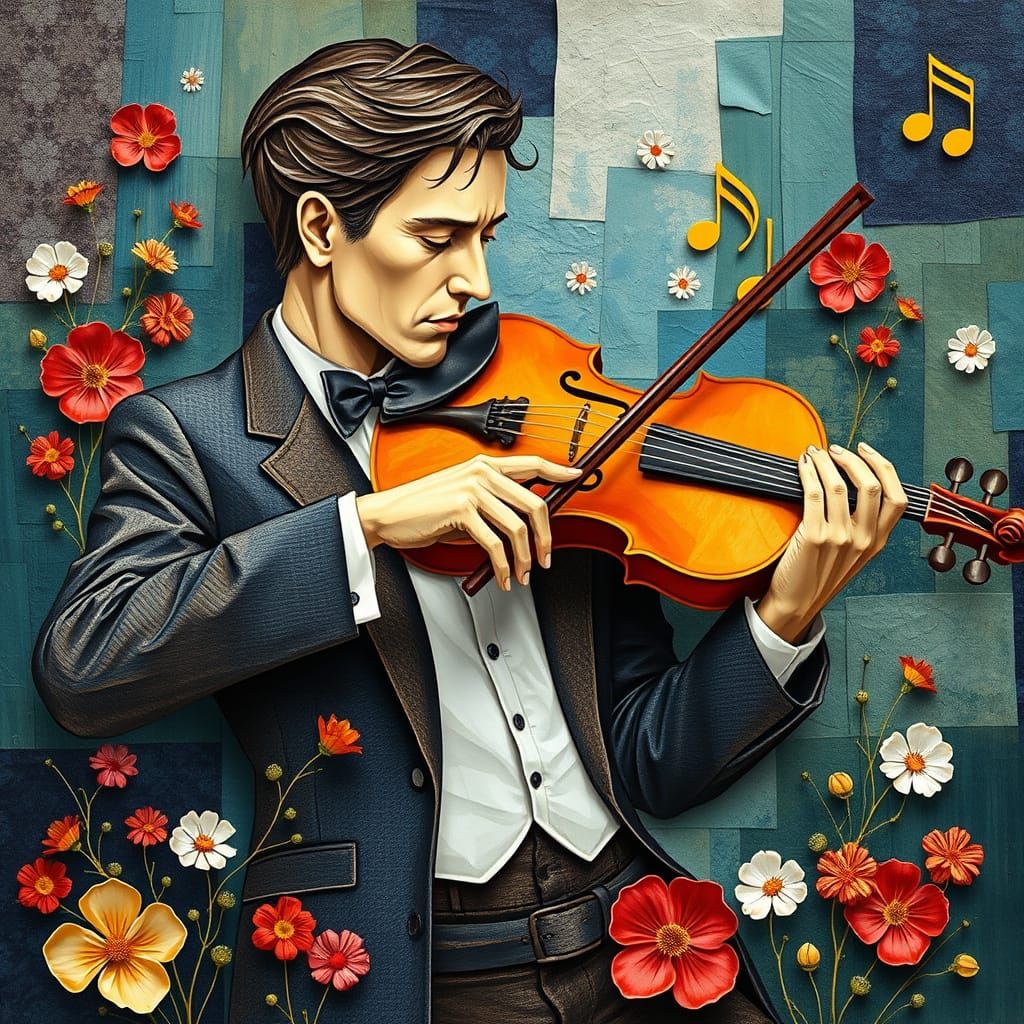 Abstract Violinist with Musical Notes and Flowers