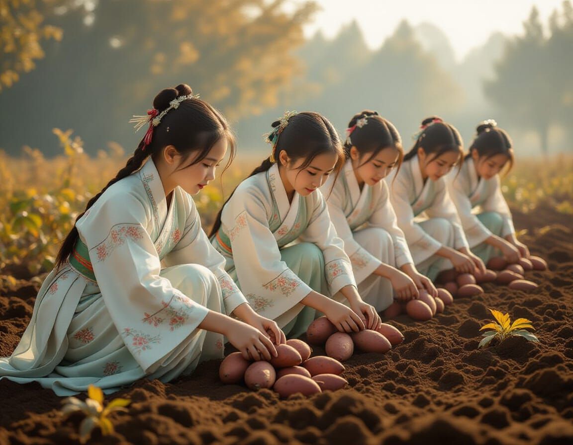 Chinese Village Girls Harvest Sweet Potatoes in Misty Autumn...