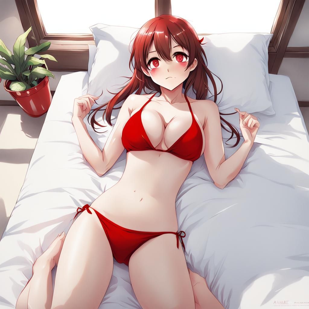 Embarrassed Anime Girl in Red Underwear