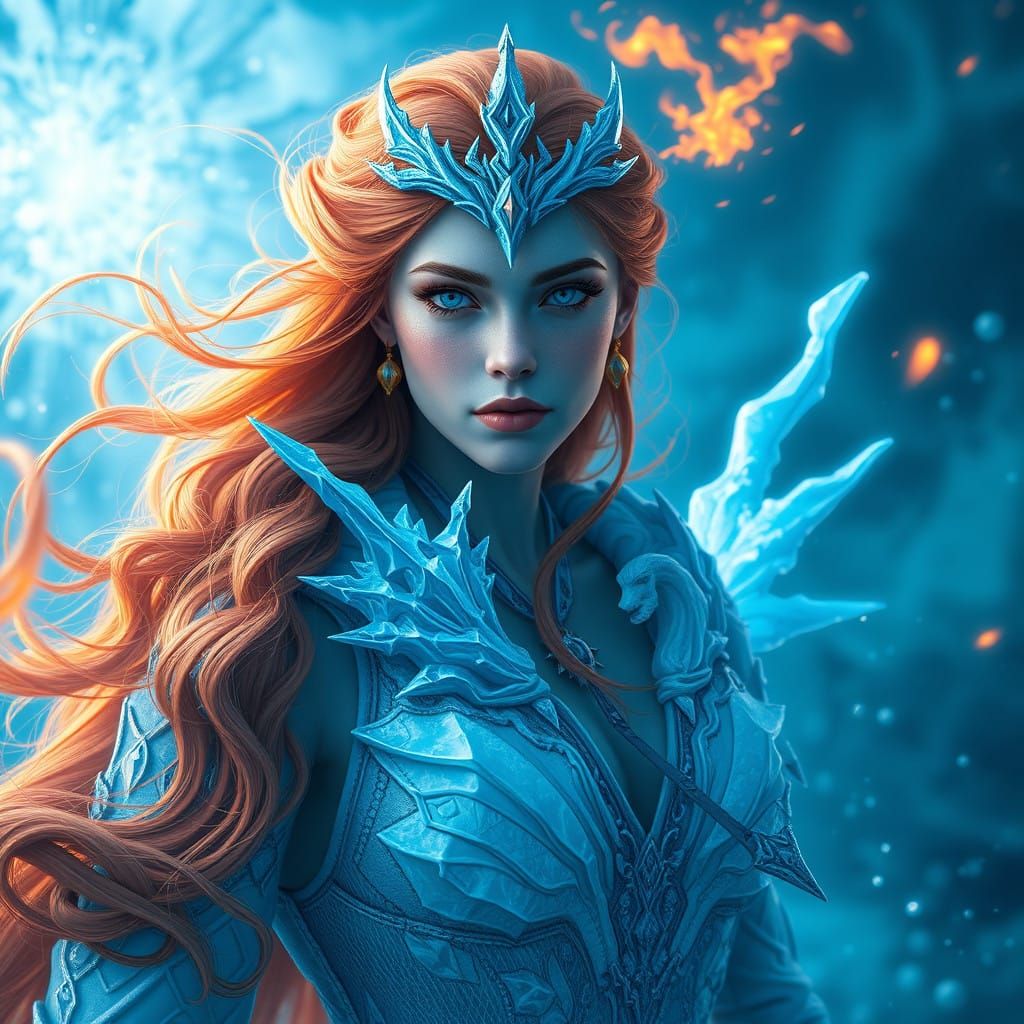 Goddess of Ice and Fire in Blues and Whites with Ginger Hair