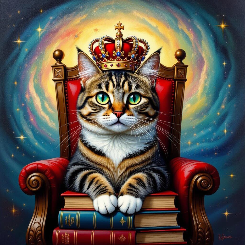 Regal Cat on Book Throne in Cosmic Vortex Painting