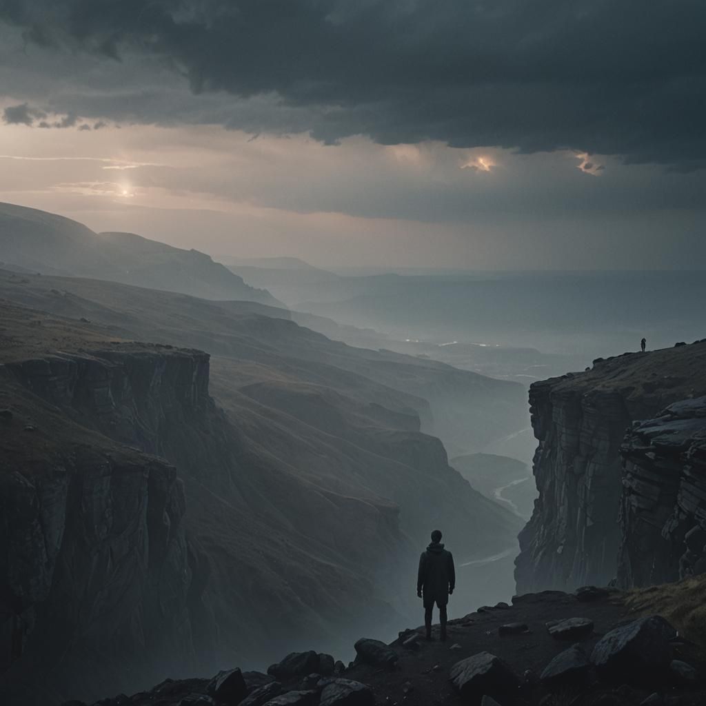 Lone Figure Overlooking Misty Landscape in Cinematic Style