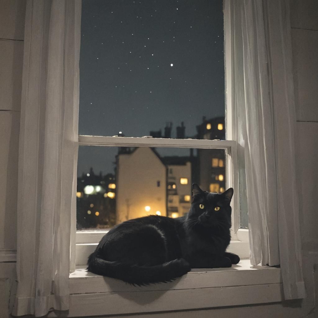 Black Cat Relaxing in Window at Night