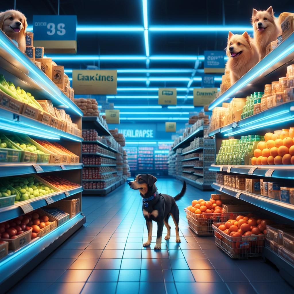 Dog Working at a Supermarket in Matte Painting Style