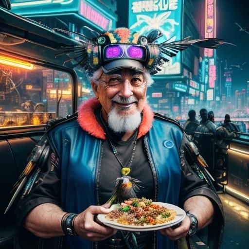 Cyberpunk Grandpa Cook in Bird Spaceship Food Truck