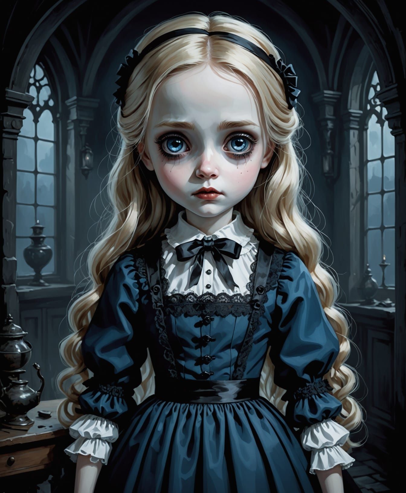 Gothic Doll Girl in Ethereal Forest