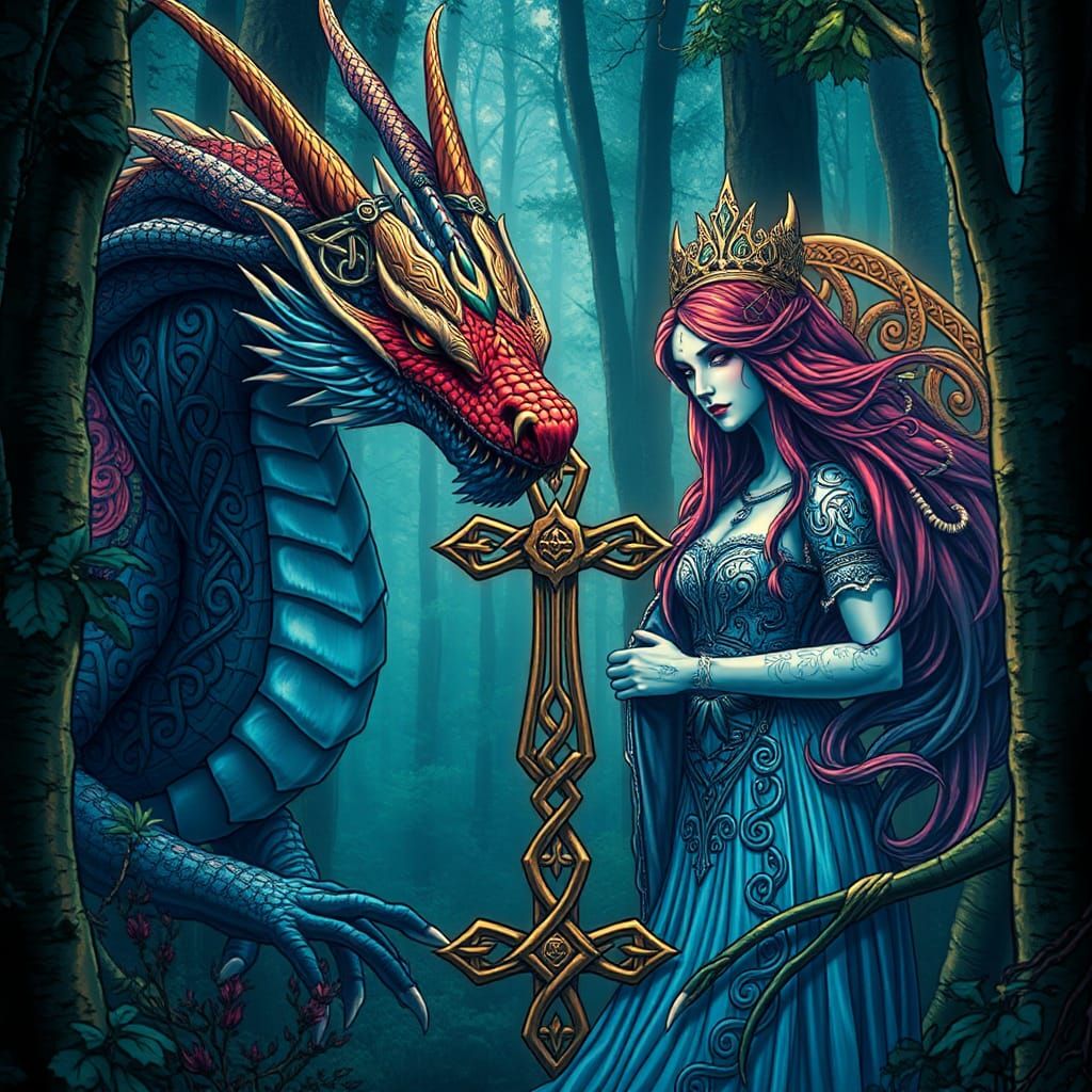 Dragon and Celtic Goddess in Comic Style