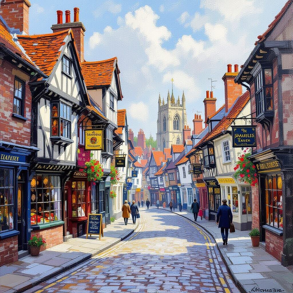 Bustling York Shambles Street with Tavern in Impressionist S...