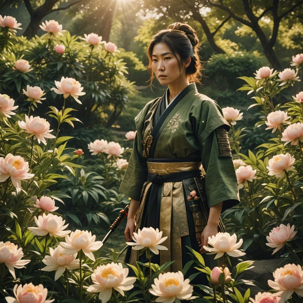 Samurai Woman in Green Garden with Flowers