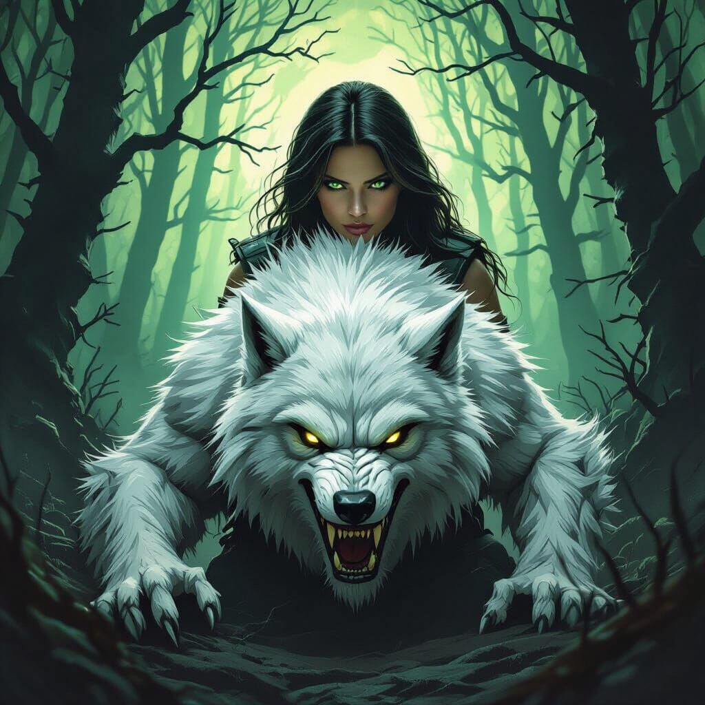 Woman and Werewolf Combat in Eerie Moonlight Forest
