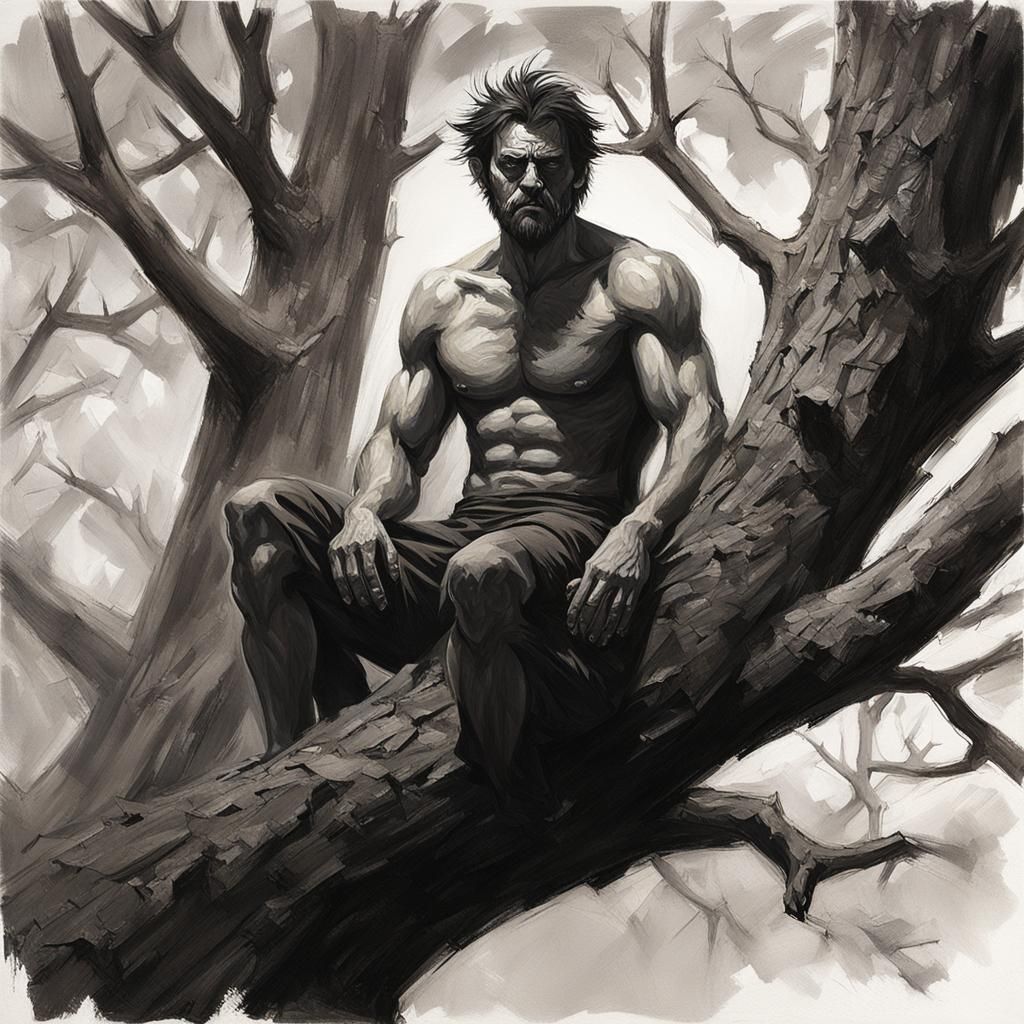 Sinister Shirtless Man in Tree
