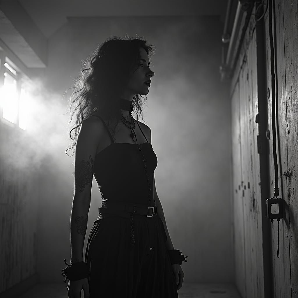 Gothic Model in Decayed Cafe: Black and White Photo