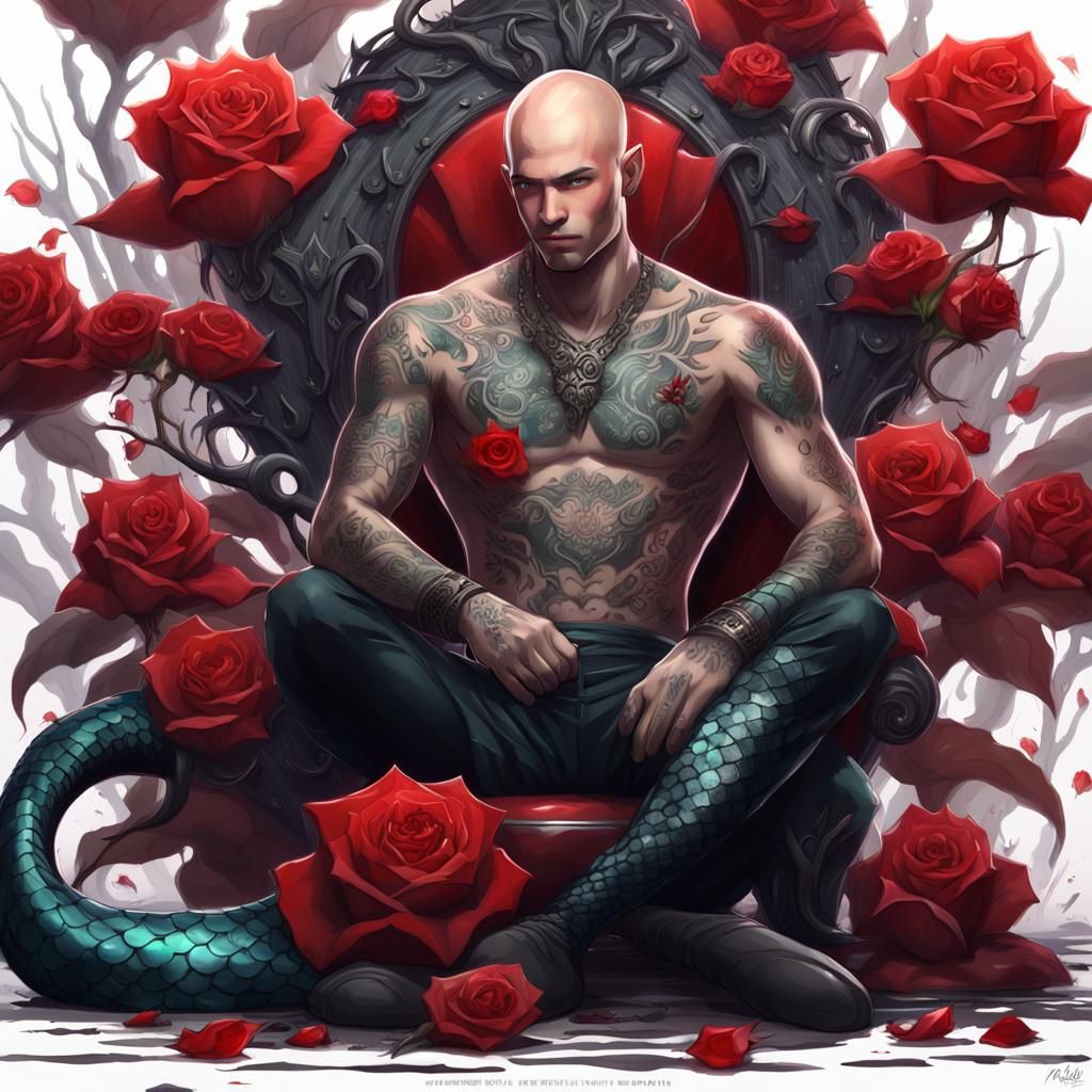Merman on Throne with Rose, in Dark Fantasy Style