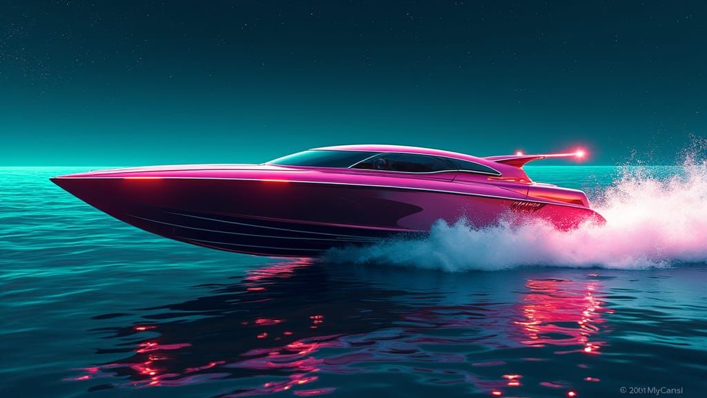 Futuristic Cigarette Boat at Night in Neon Style