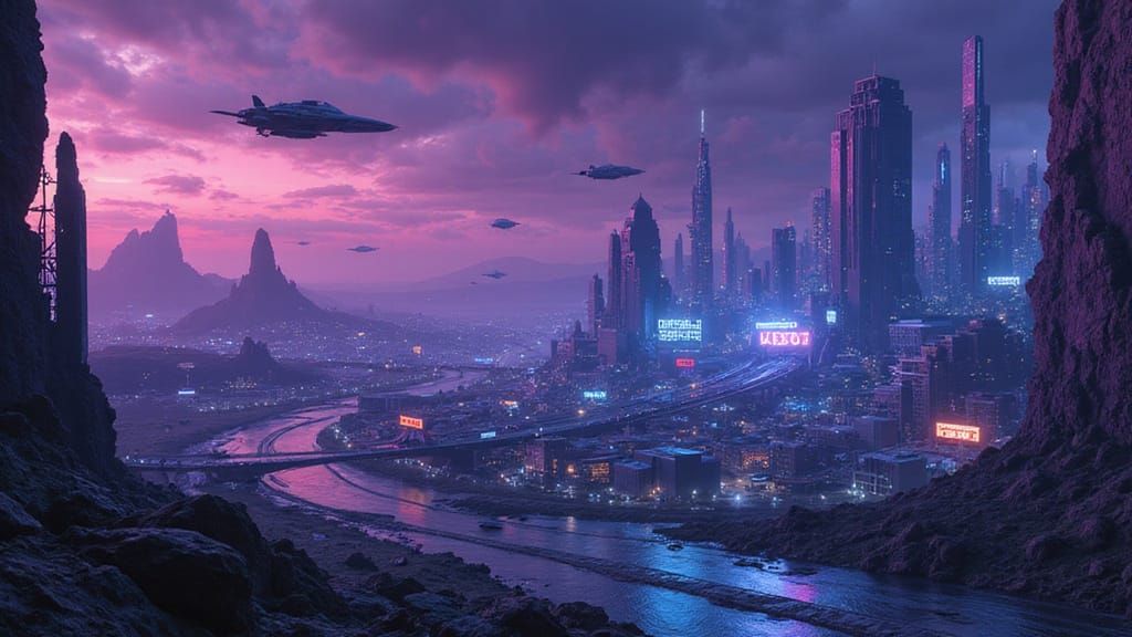 Futuristic Alien City at Night in Cyberpunk Style