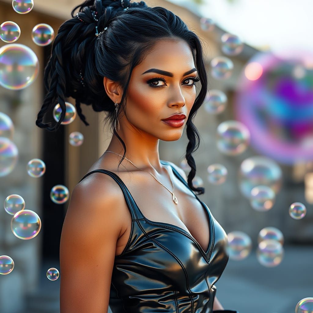 Confident Goddess Amidst Whimsical Bubbles