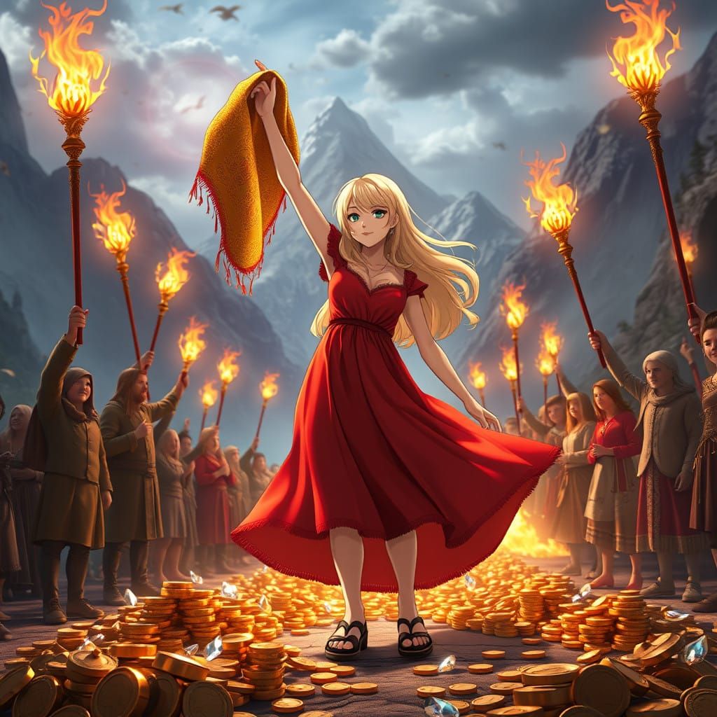 Triumphant Alice in Wonderland with Golden Ram Fleece Shawl