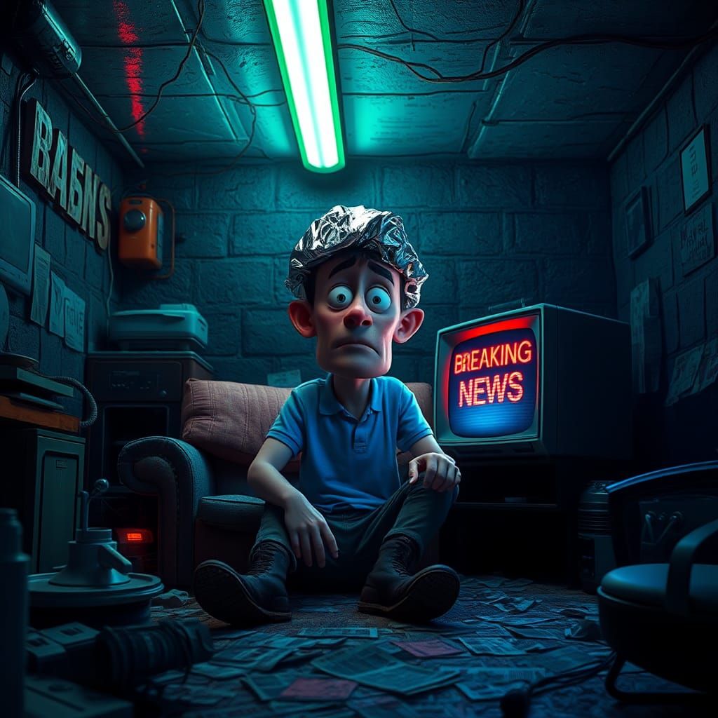 Cartoon Man in Basement Watching TV in 4K