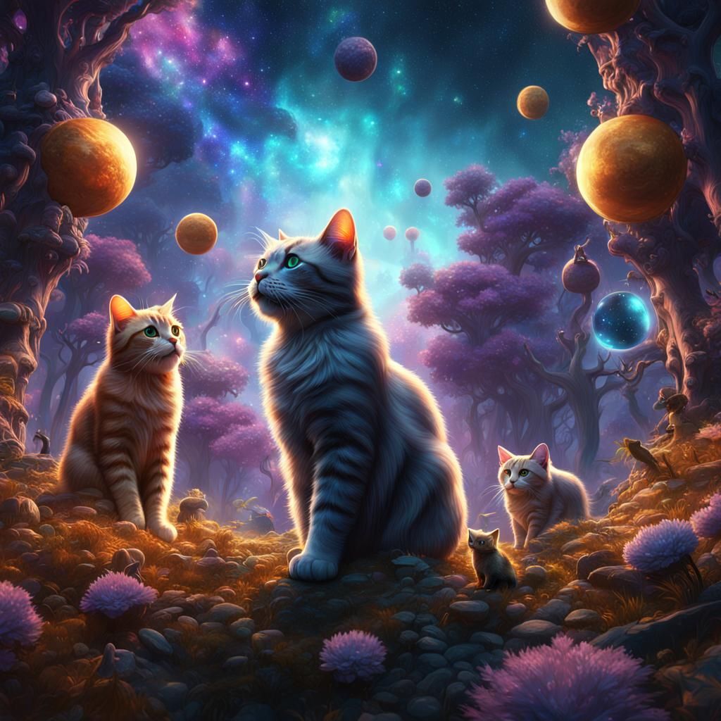 Cats Playing with Universe in Space Forest, Digital Art