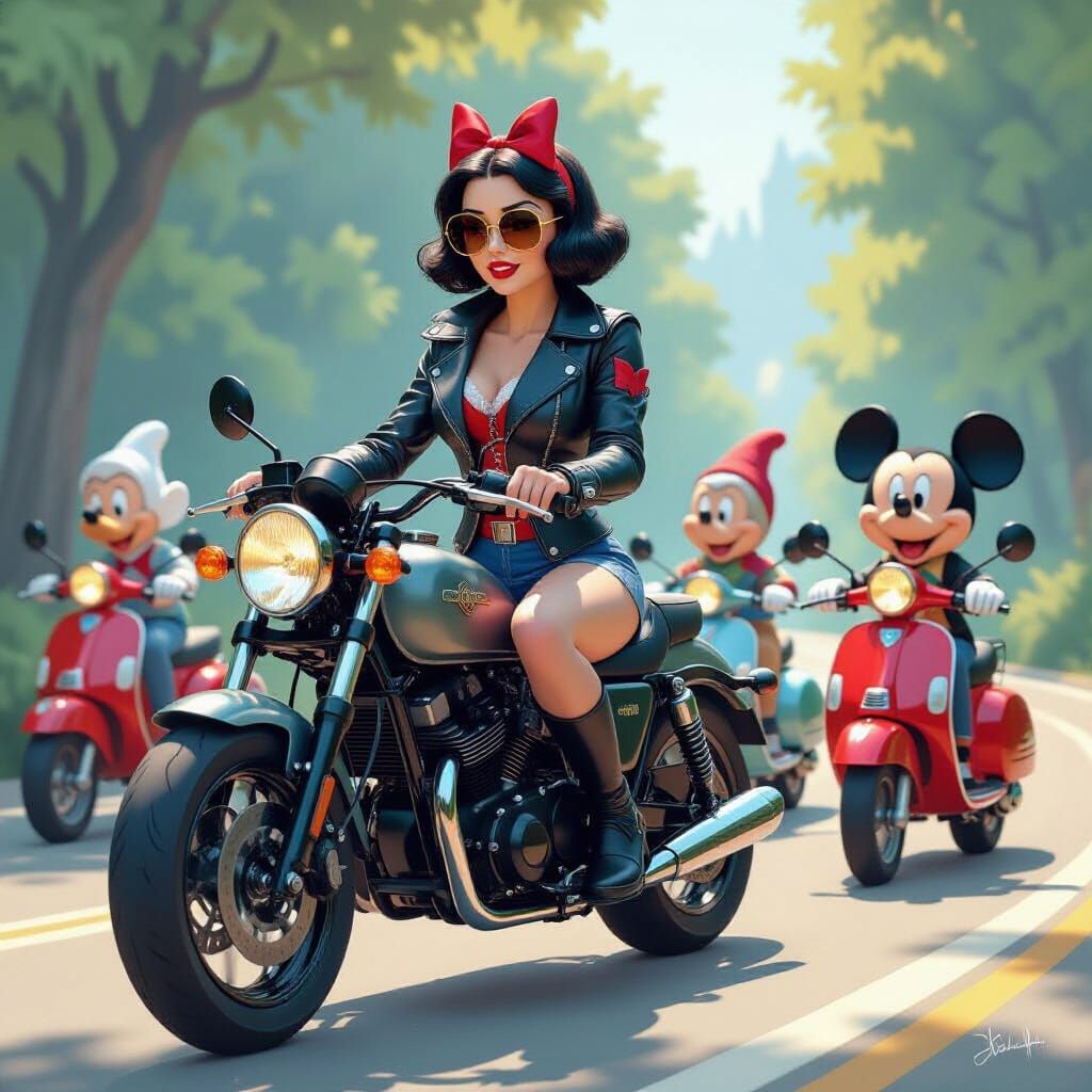 Snow White and Dwarfs Ride Vespas in Disney Style