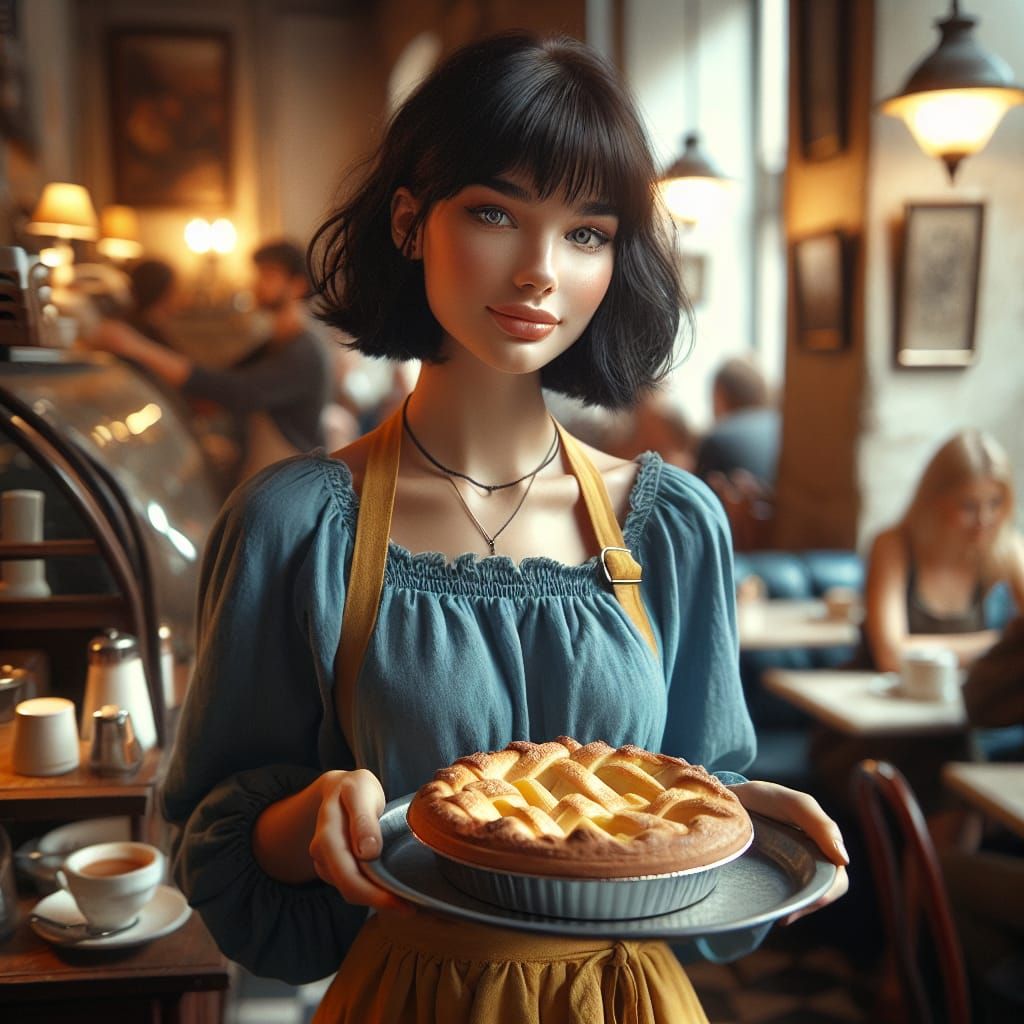 Waitress Serving Apple Pie in a Cozy Cafe