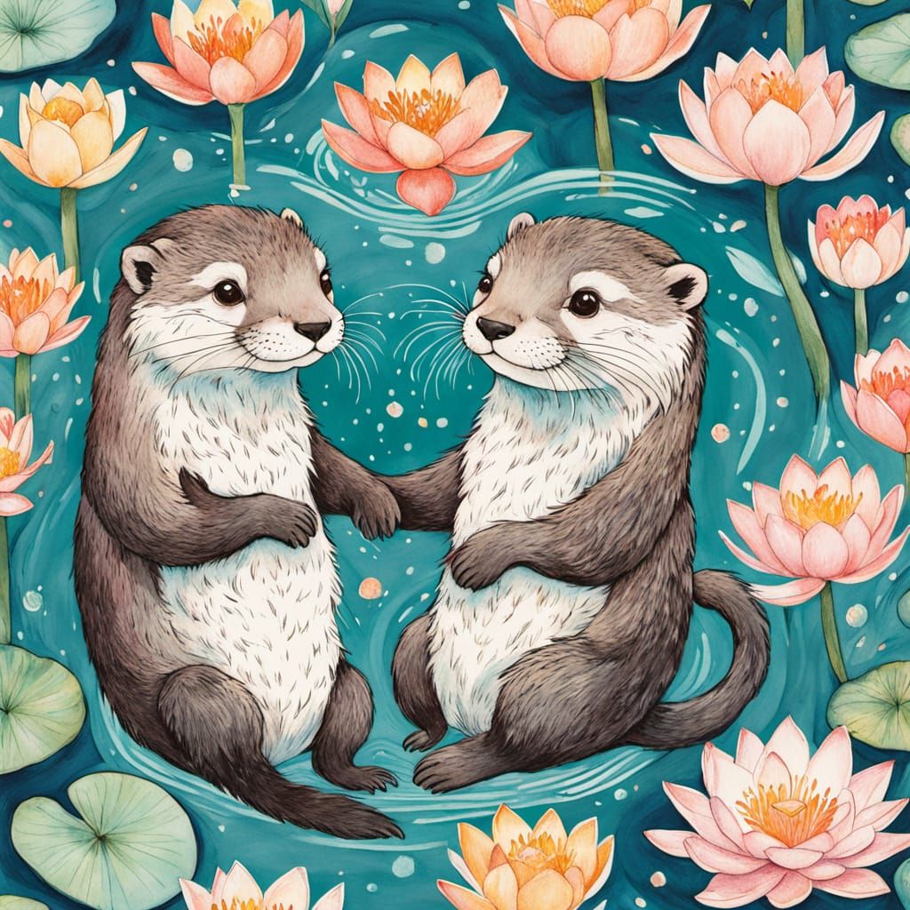 Whimsical Otter Couple in a Dreamy Pond Scene