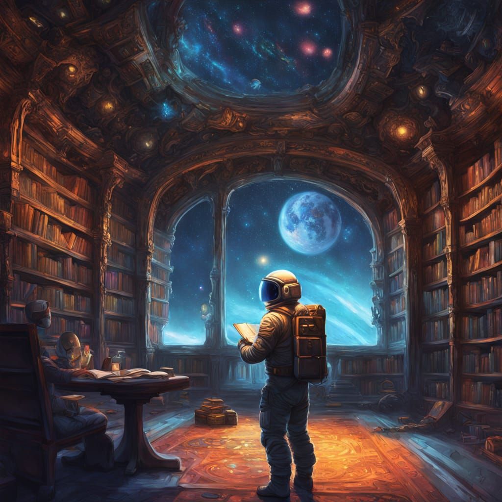 Astronaut Reading Book on Library Ship in Space