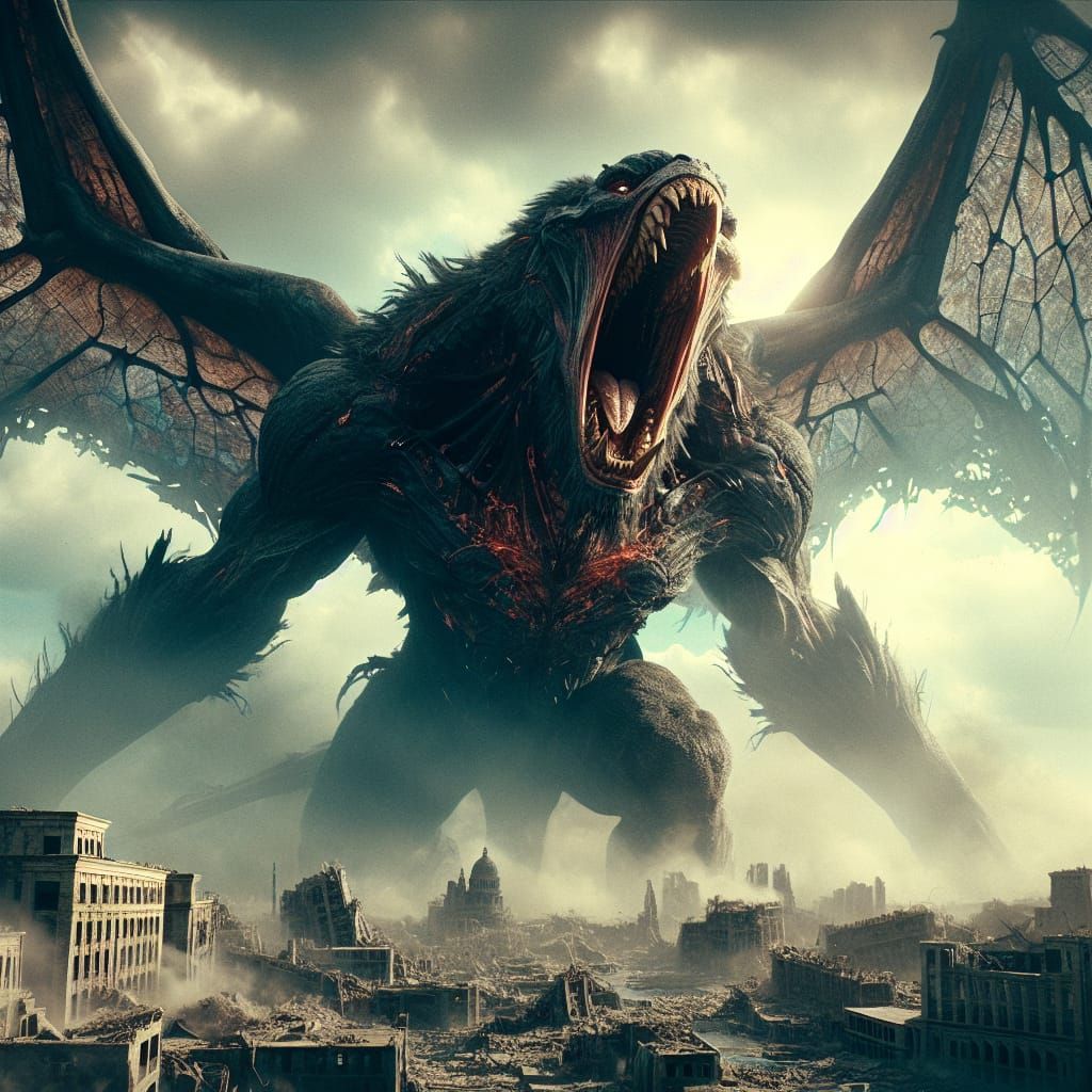 Colossal Bat-Ape Dominates Ruined Cityscape