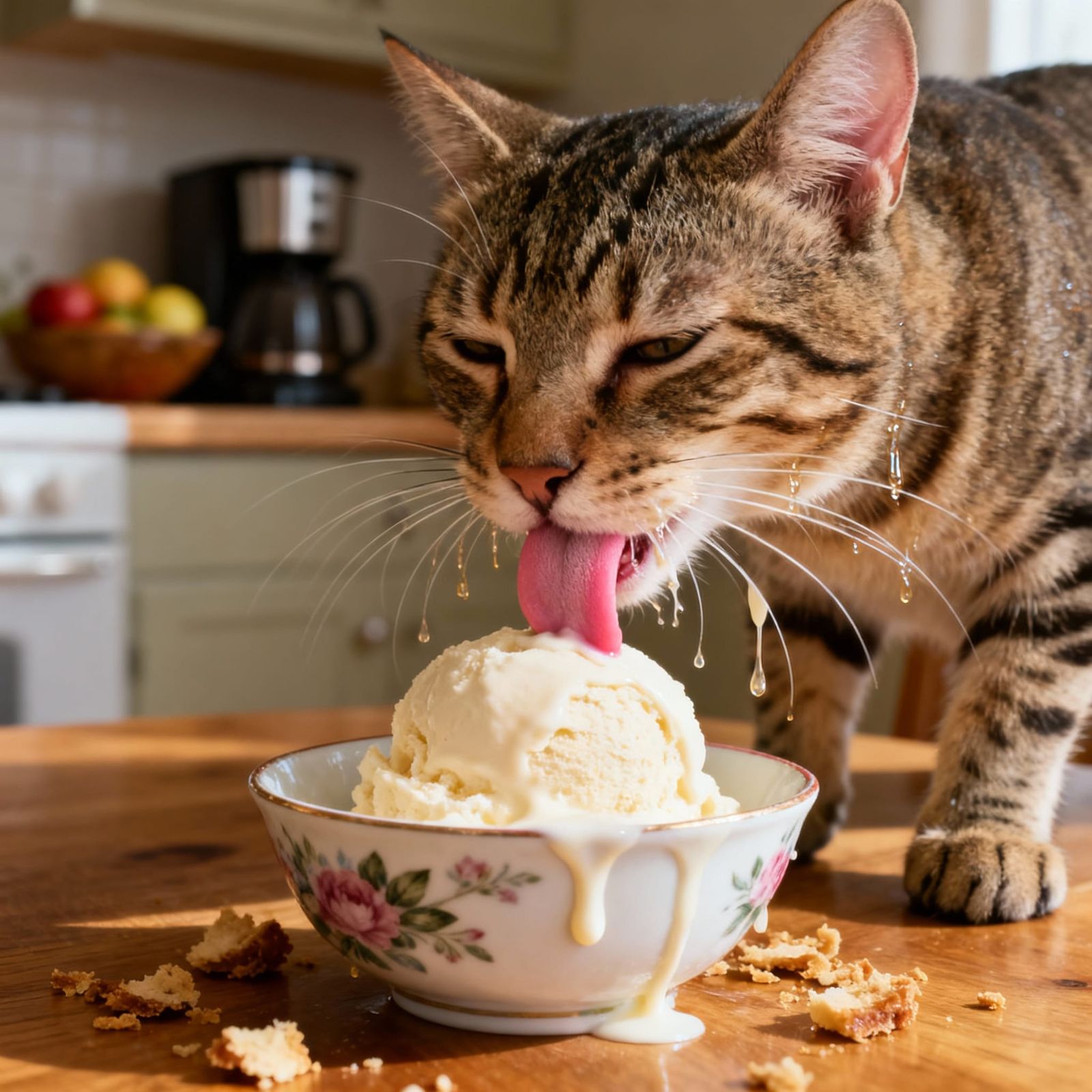 Mischievous Kitty Licks Ice Cream Bowl
