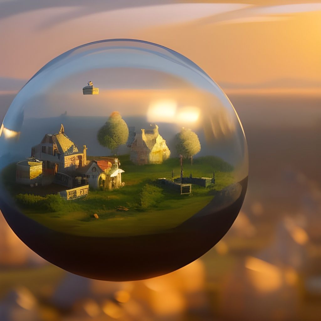 Miniature Village in Floating Orb: Digital Art