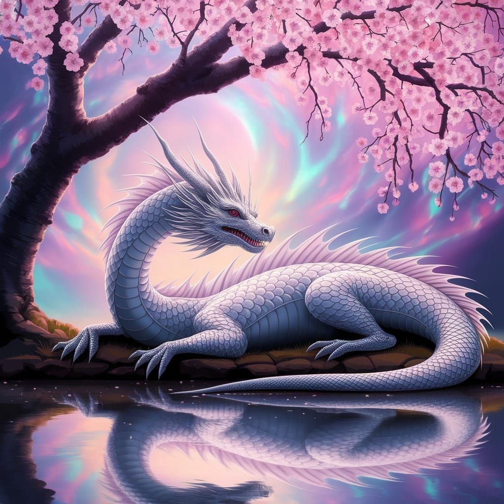 Japanese Dragon at Rest beneath Cherry Blossoms