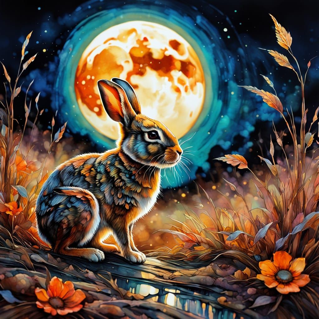Baby Rabbit in Futuristic Harvest Moon Landscape