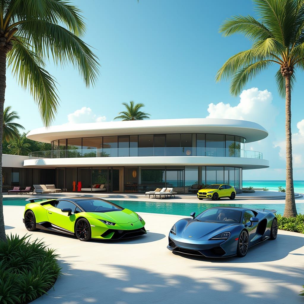 Modern Beachside Mansion with Exotic Cars and Tropical Oasis