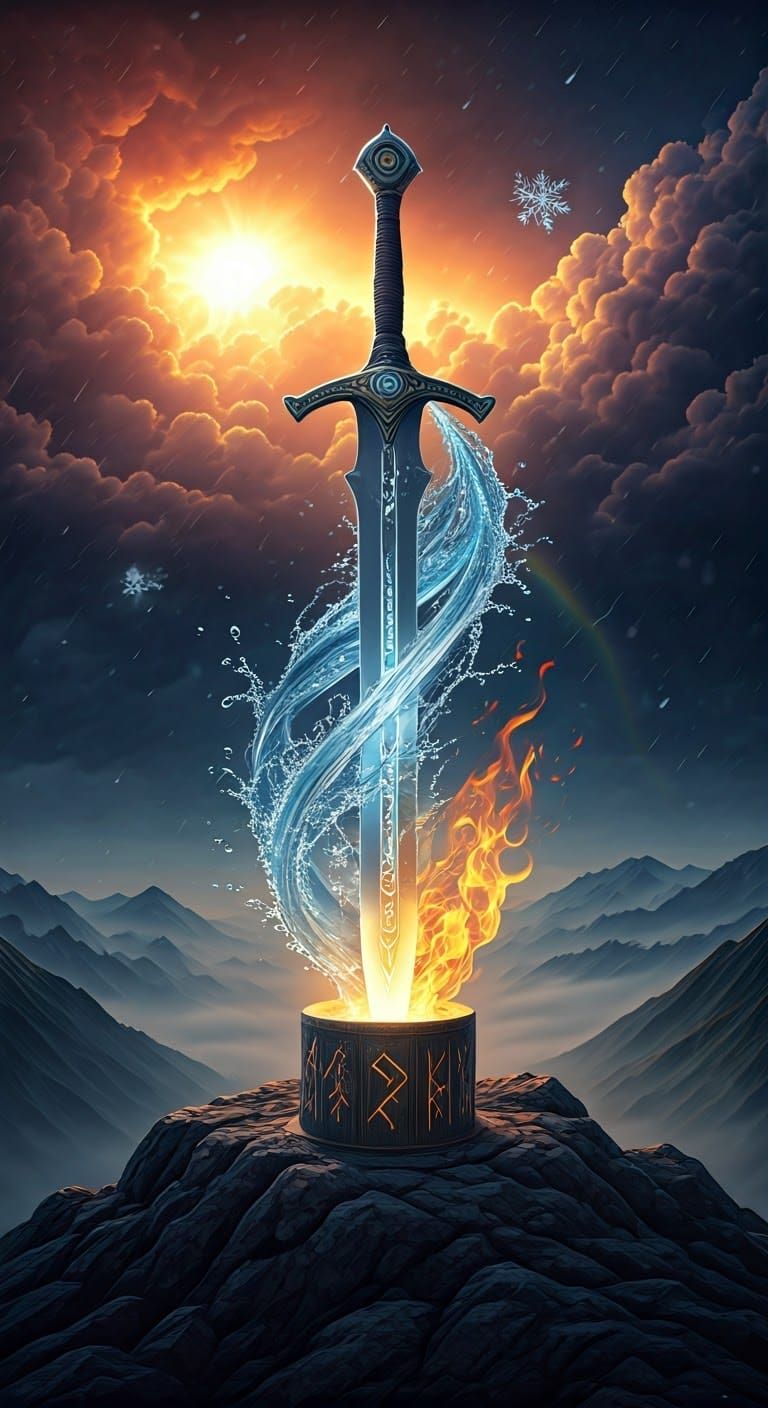 Majestic Long Sword in Ethereal Mountain Landscape