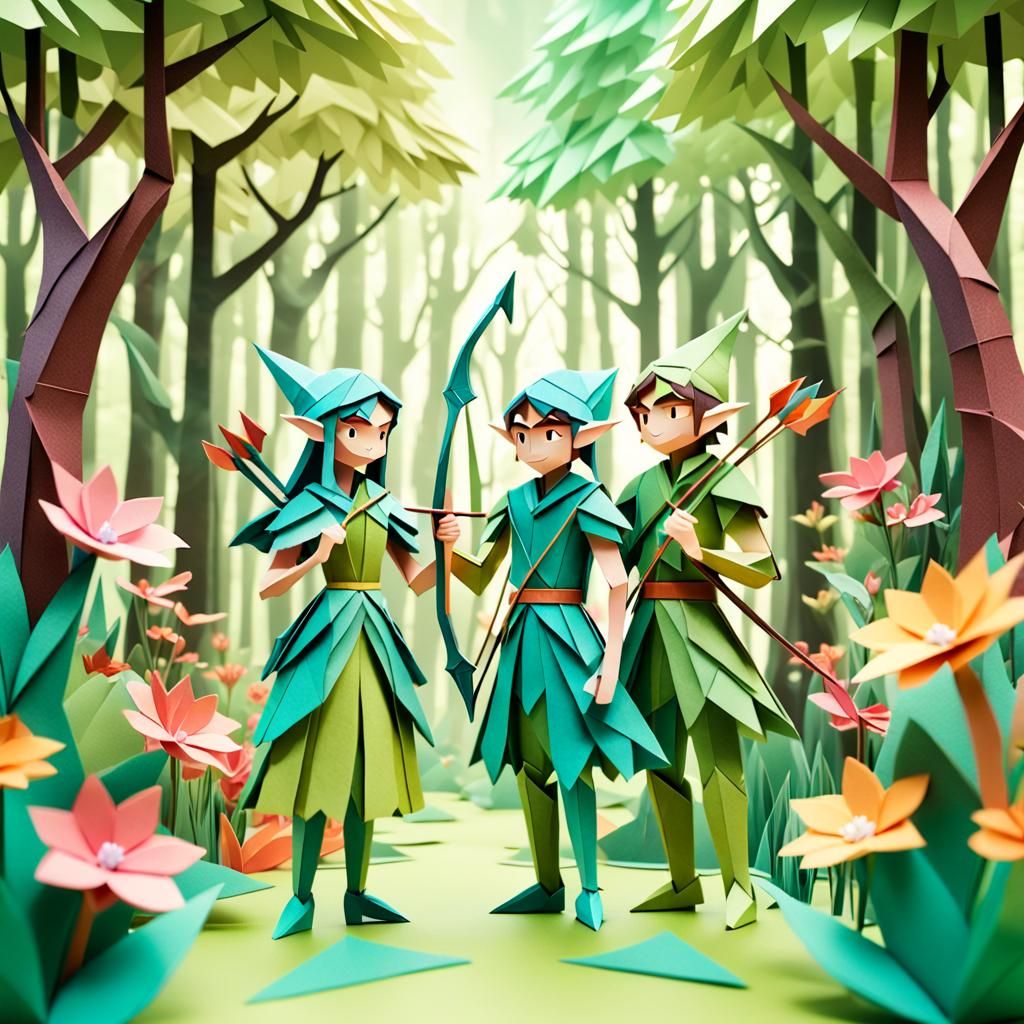 Whimsical Origami Elves in Lush Forest Papercraft