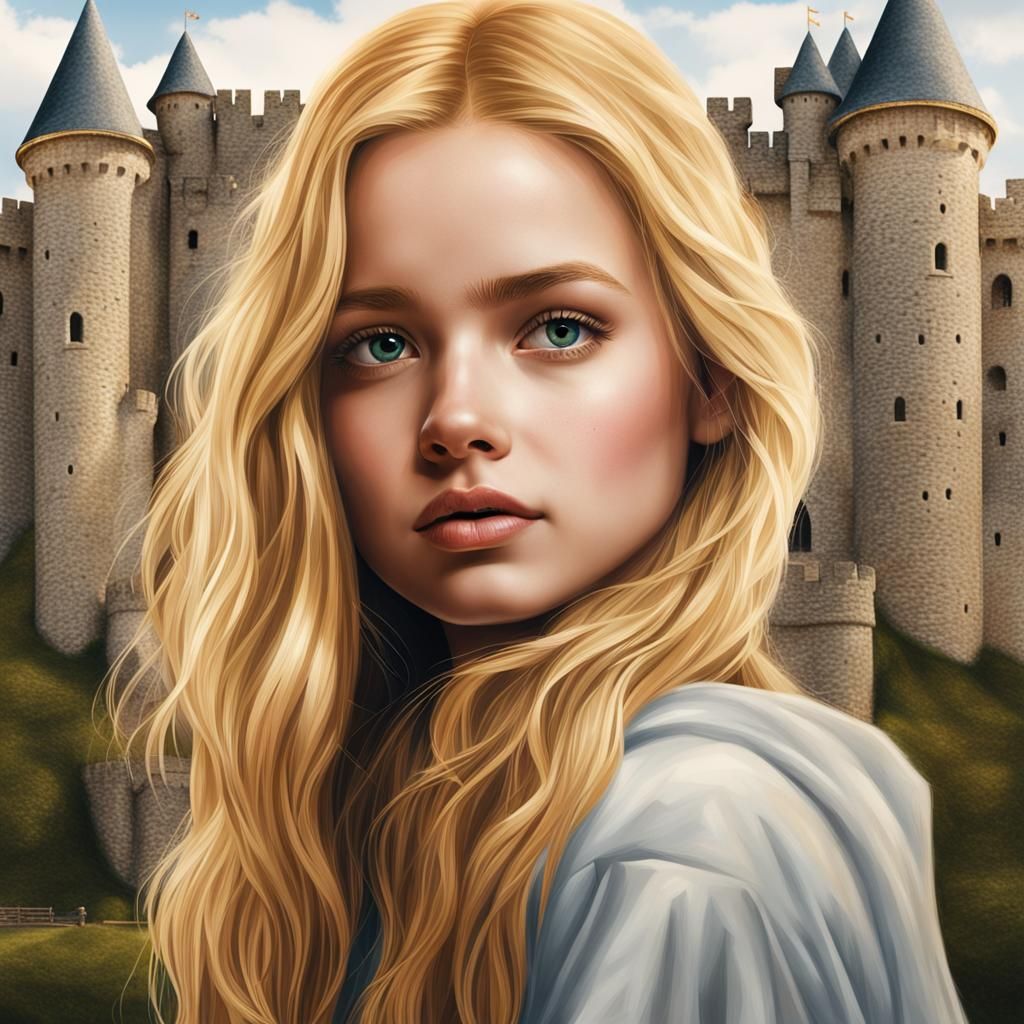 Hyperrealistic Portrait of a Golden-Haired Girl in Castle