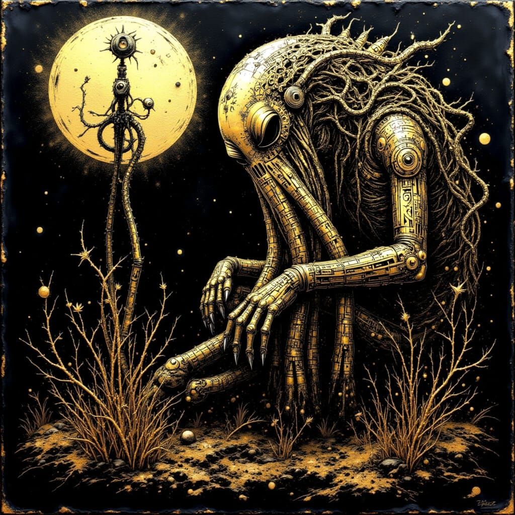 Cthulhu in Ornate Gold Ink on Black Canvas