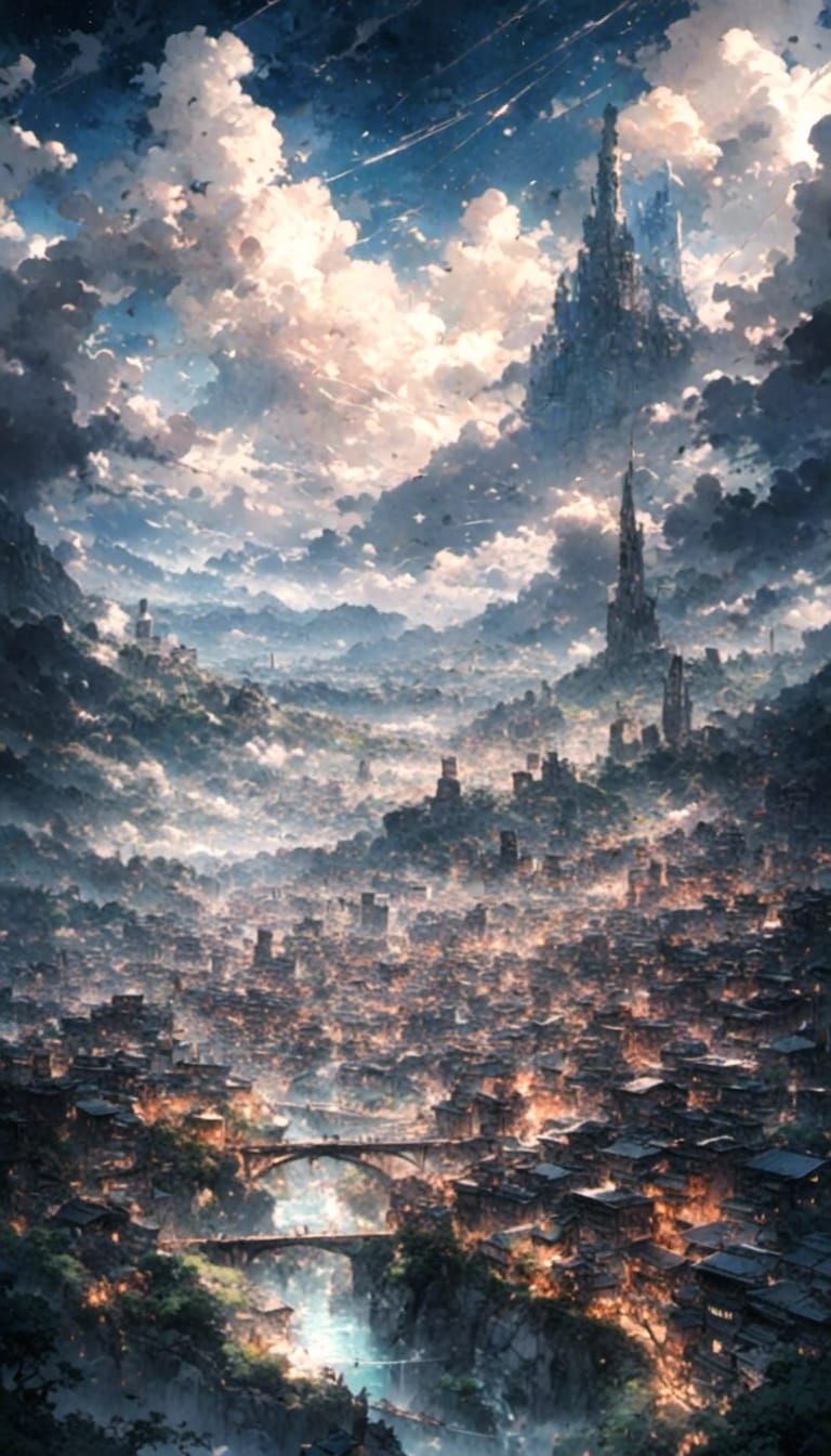 Dramatic Cityscape Under Starry Night Sky