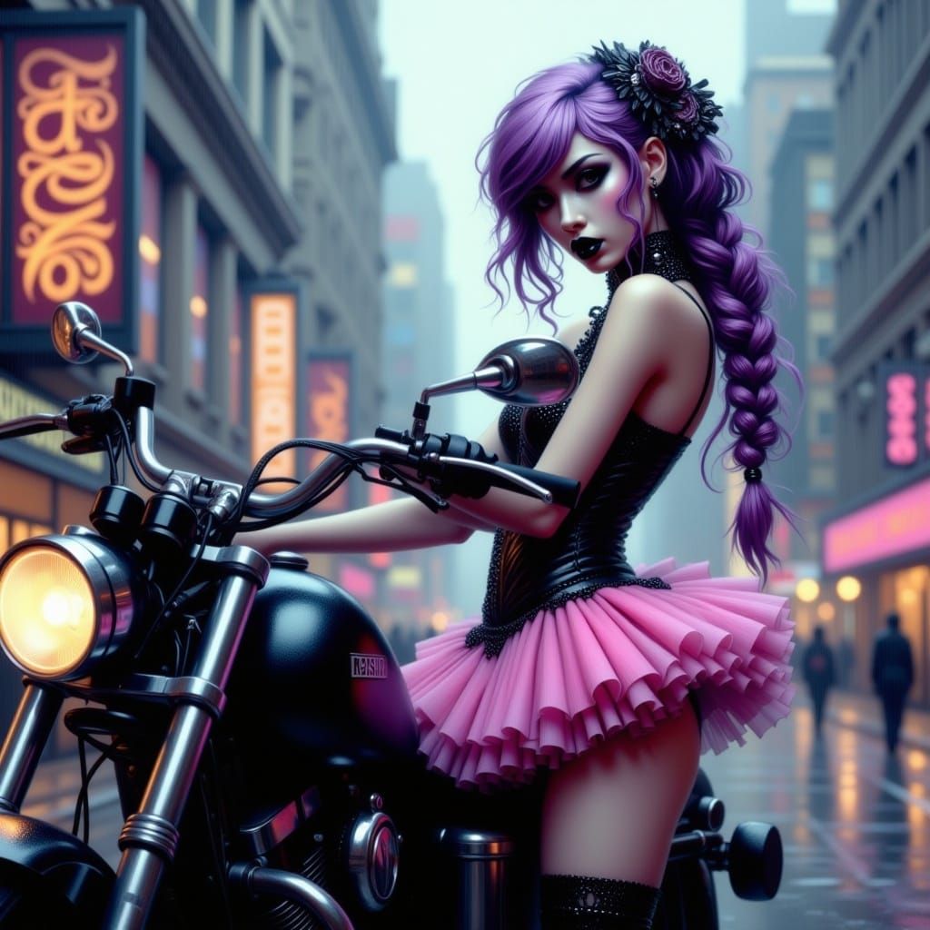 Romantic Goth Woman by Motorcycle