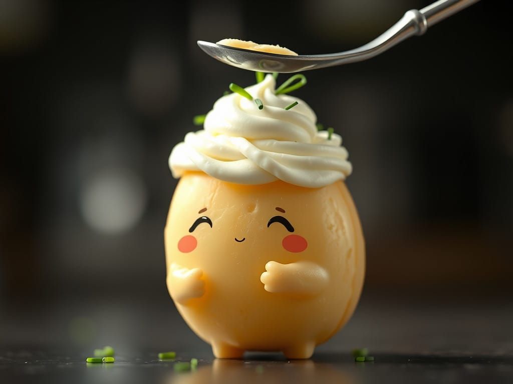 Hyper-Cute Chibi Potato Baby in a Whimsical Kitchen Scene