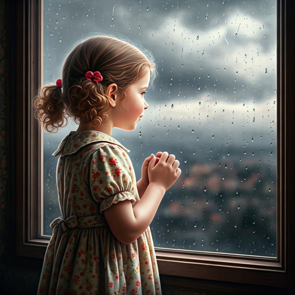 Girl at Window in Dreamlike Illustration Style